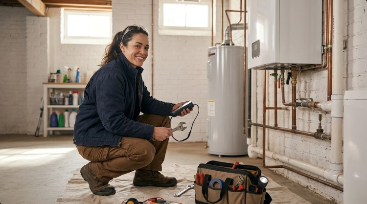 Certified technician using digital pressure manometer and electronic gas sniffer to inspect gas line joints and shutoff valves in an East Tremont basement