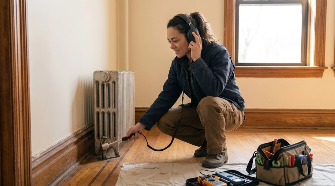 Plumber using acoustic leak detector and thermal imaging device to trace hidden water leak inside a residential wall in East Tremont, Bronx
