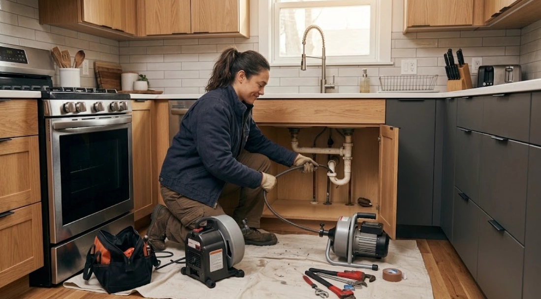 Professional plumber using motorized drain snake cable machine under a kitchen sink to clear grease clogs in an East Tremont apartment