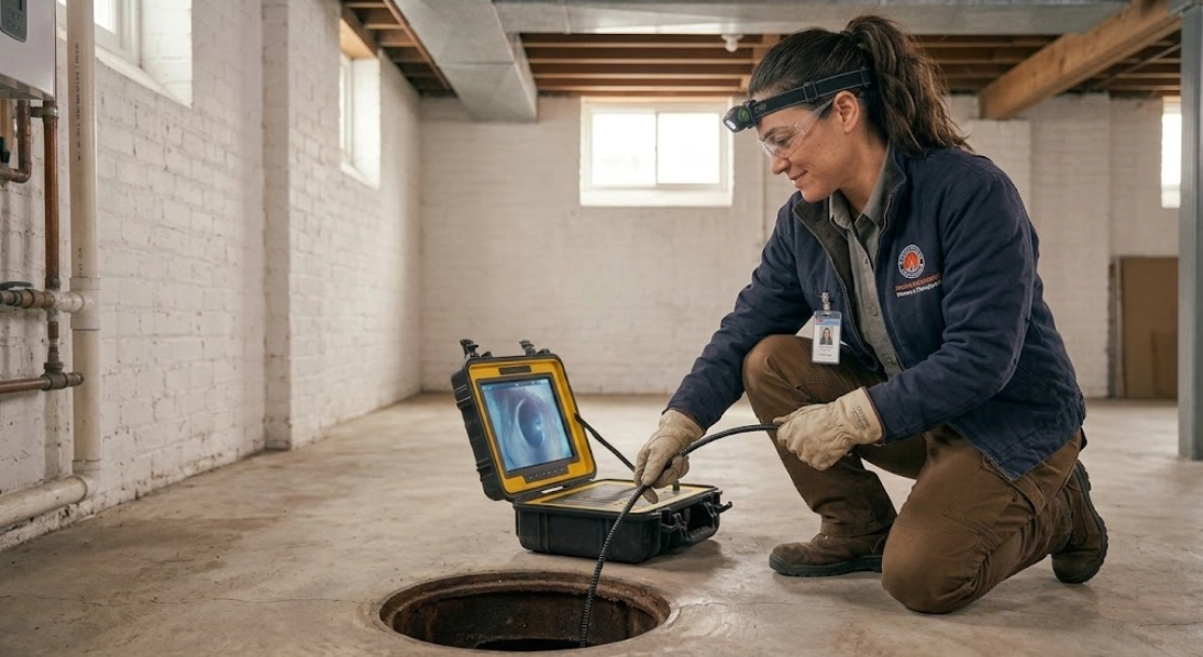 Plumbing technician viewing live sewer camera monitor while feeding fiber-optic inspection reel into a building cleanout in East Tremont, Bronx