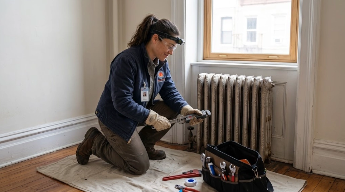 Professional technician inspecting and repacking a brass steam radiator shutoff valve and testing air vent operation in an East Tremont apartment