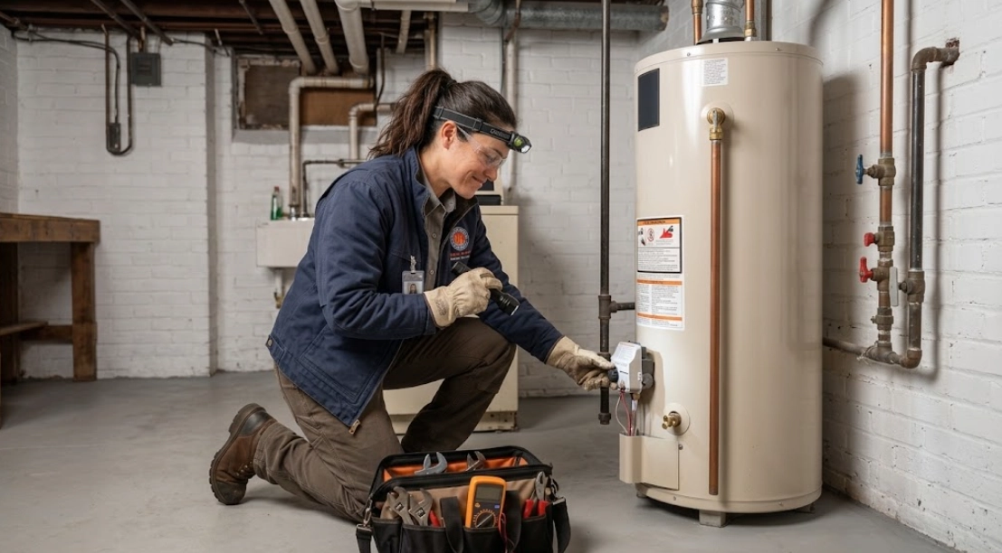 Licensed plumber testing temperature and pressure relief valve and gas burner control on a residential water heater in East Tremont, Bronx